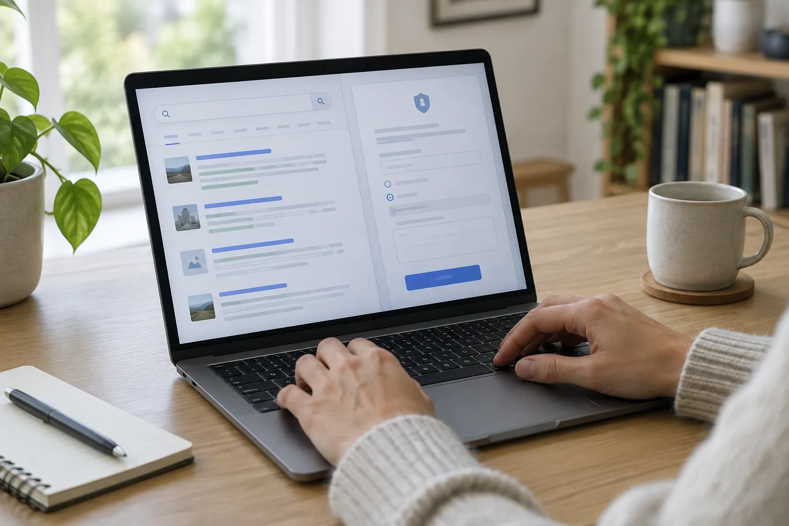Des mains consultent des résultats de recherche et un formulaire de demande de confidentialité sur un ordinateur.