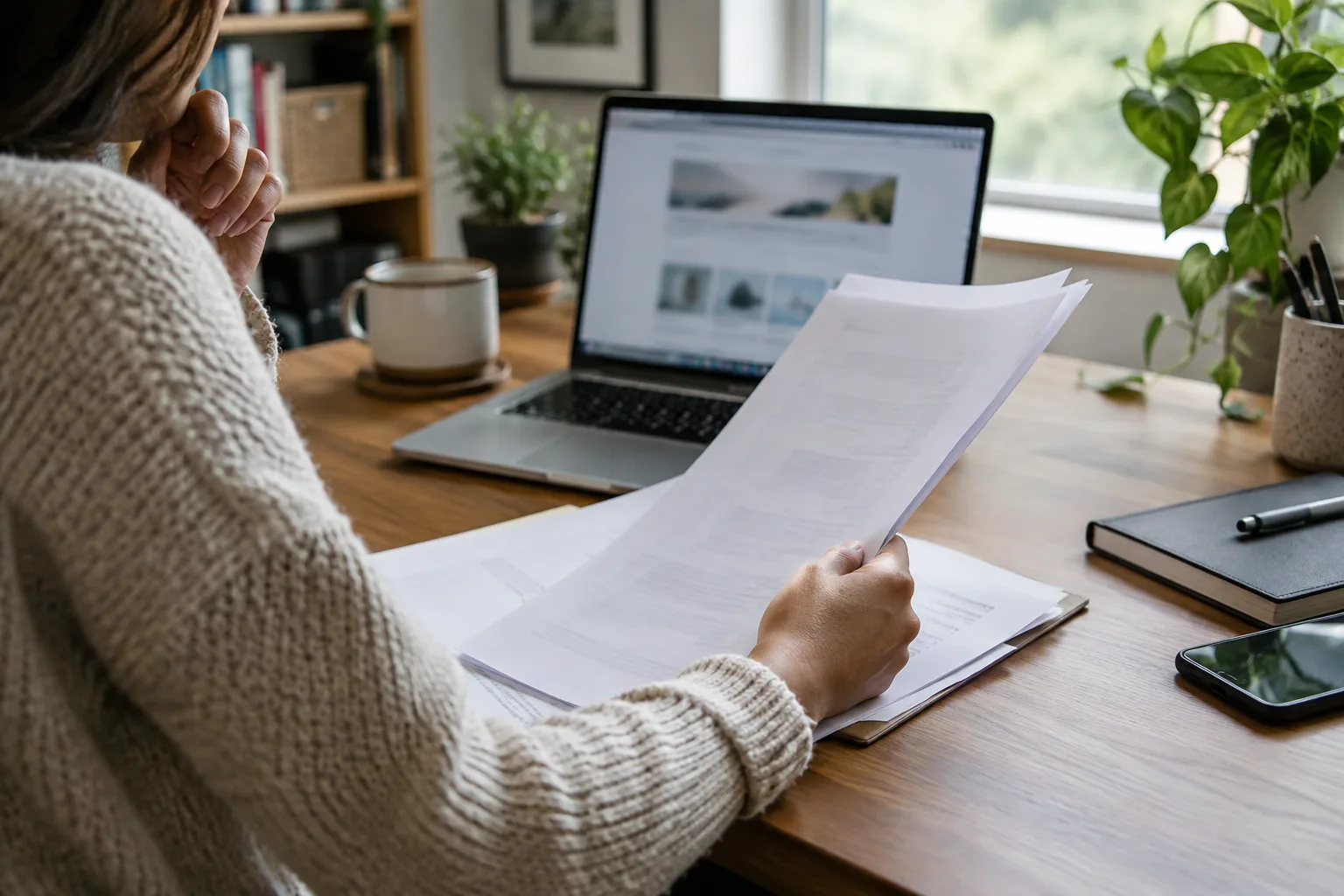 Une personne examine des documents d’entreprise devant un ordinateur dans un bureau à domicile.