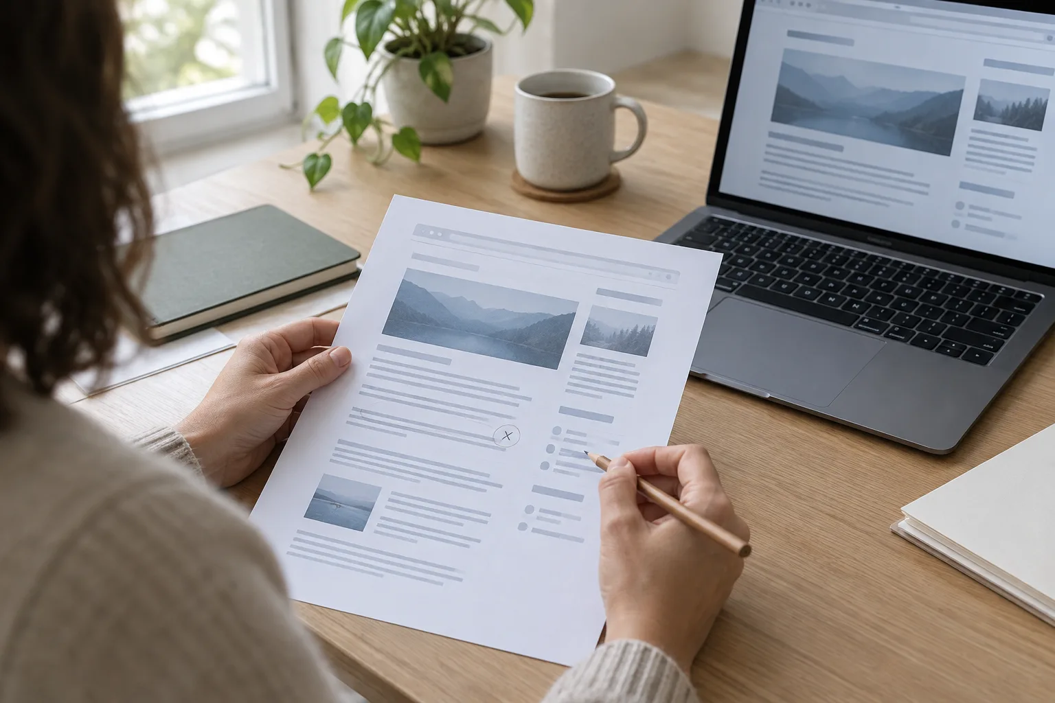 Des mains comparent une page imprimée et un écran d’ordinateur pour repérer une information à corriger.