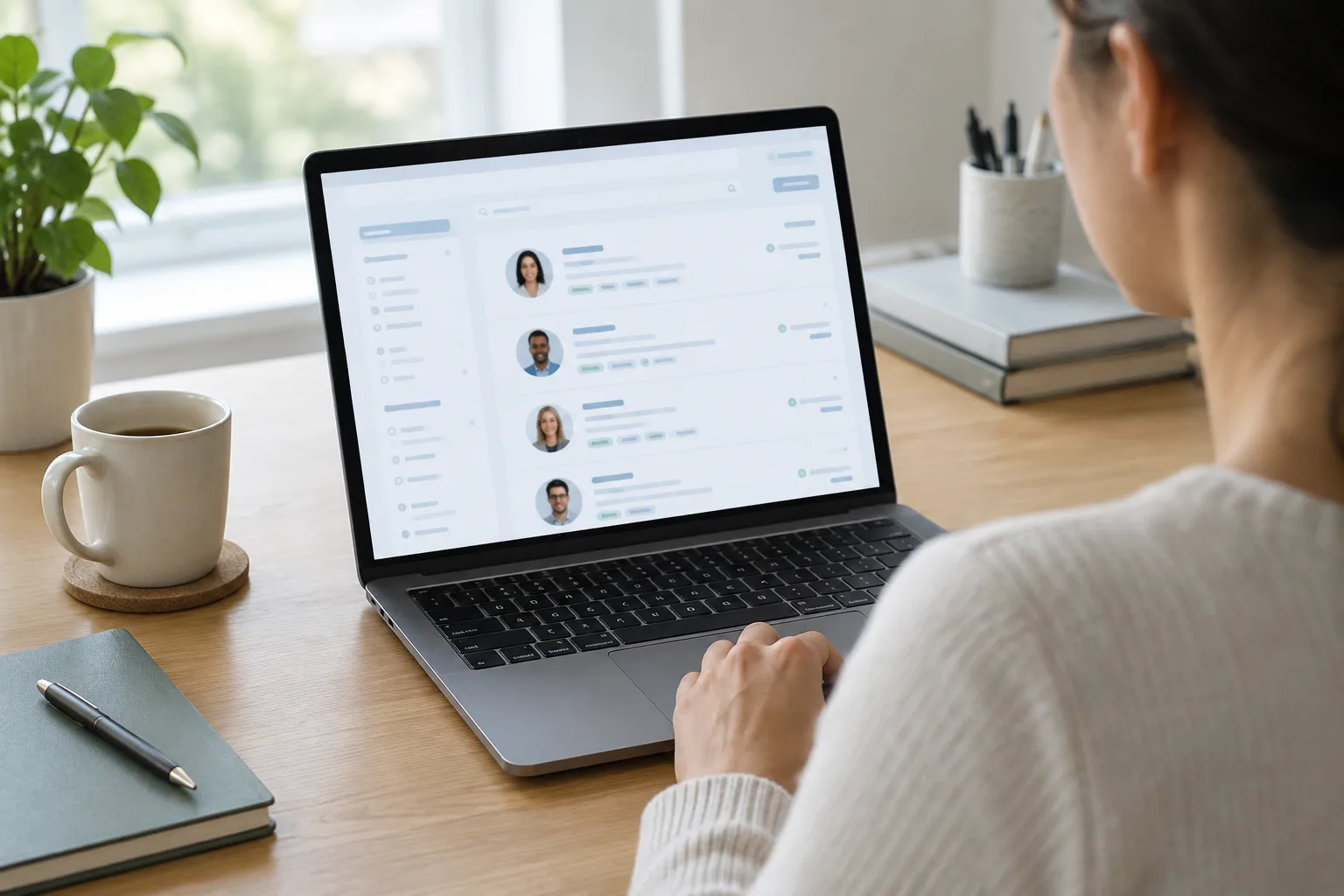 Une personne examine une fiche d’annuaire professionnel sur un ordinateur portable.