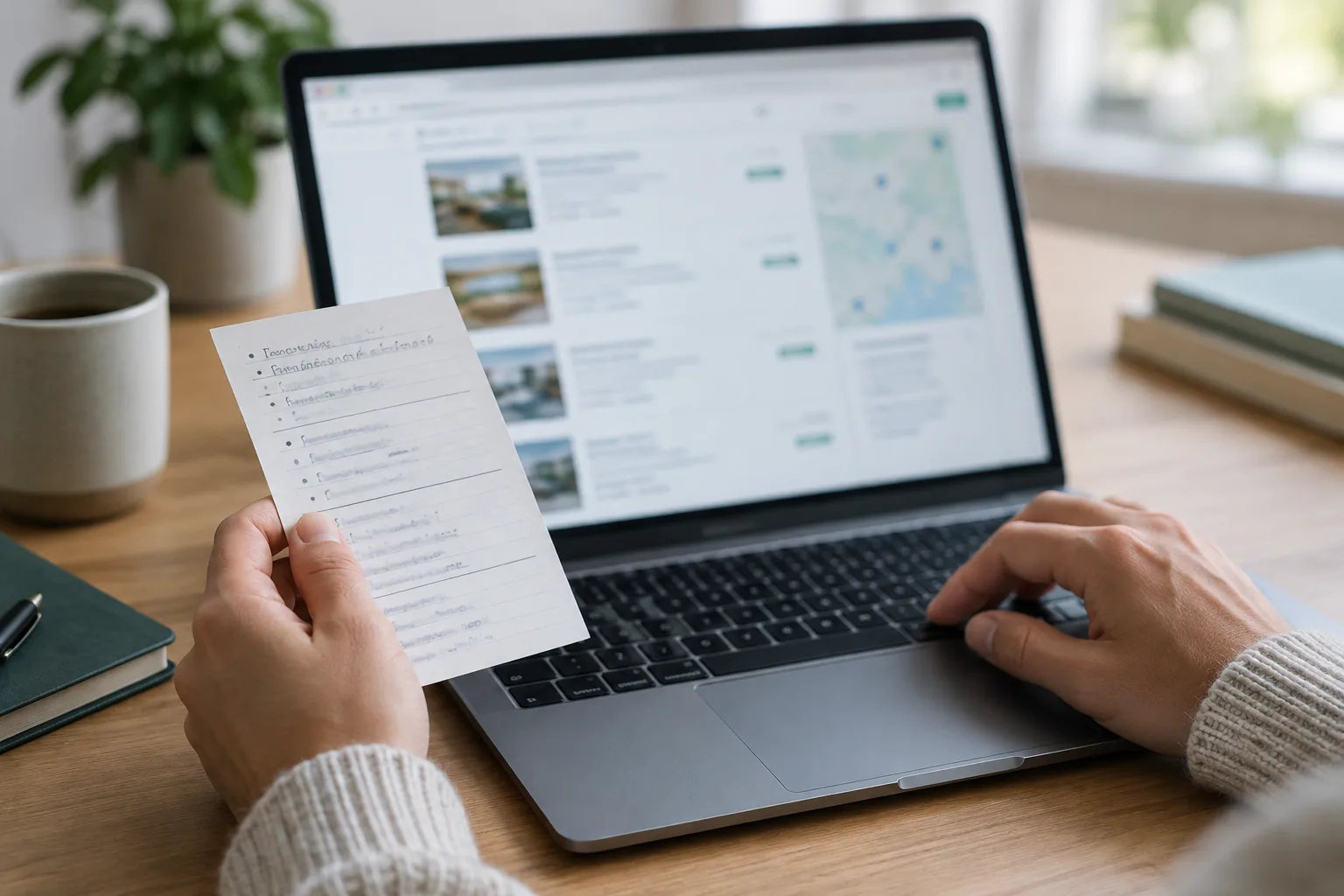 Des mains examinent une page en ligne floutée et notent ses éléments d’identification.