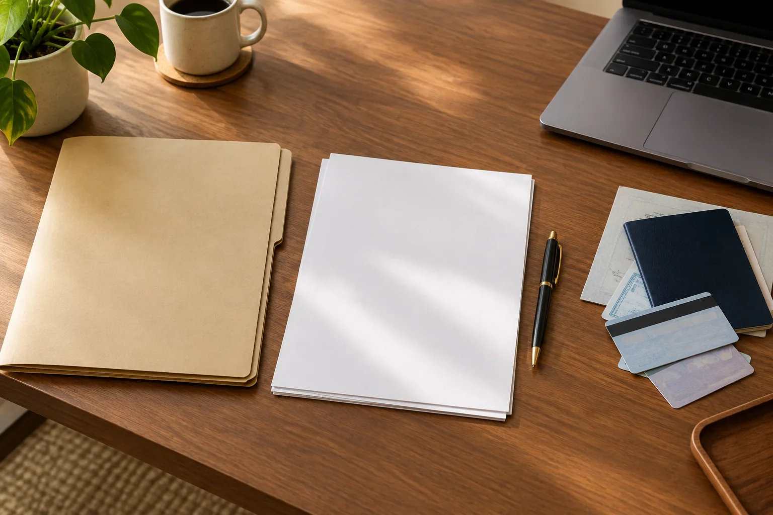 Un dossier de demande organisé avec des feuilles vierges et des documents personnels retournés.