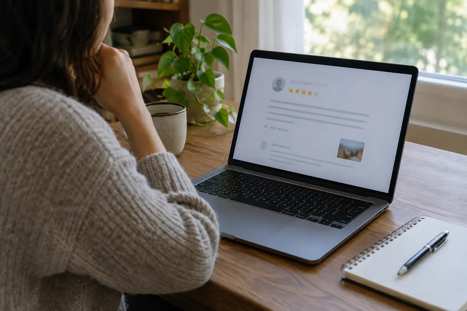 Une personne examine un avis en ligne sur un ordinateur, sans contenu lisible à l’écran.