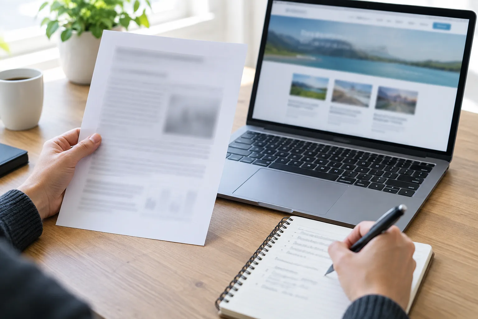 Des mains comparent un document flouté sur papier et une page web sur un ordinateur.