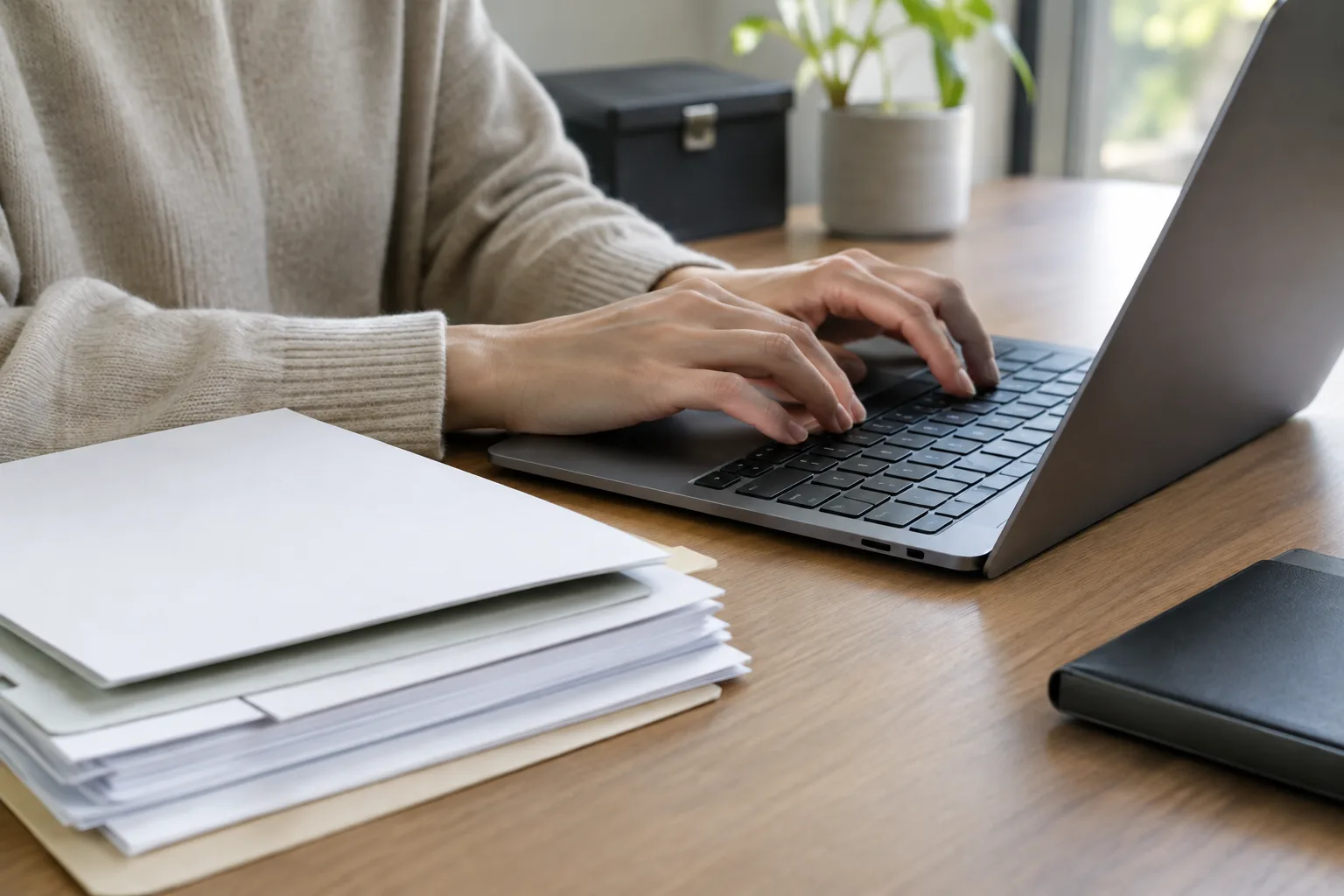 Des mains préparent une demande de retrait en ligne à côté de documents dont le contenu n’est pas visible.