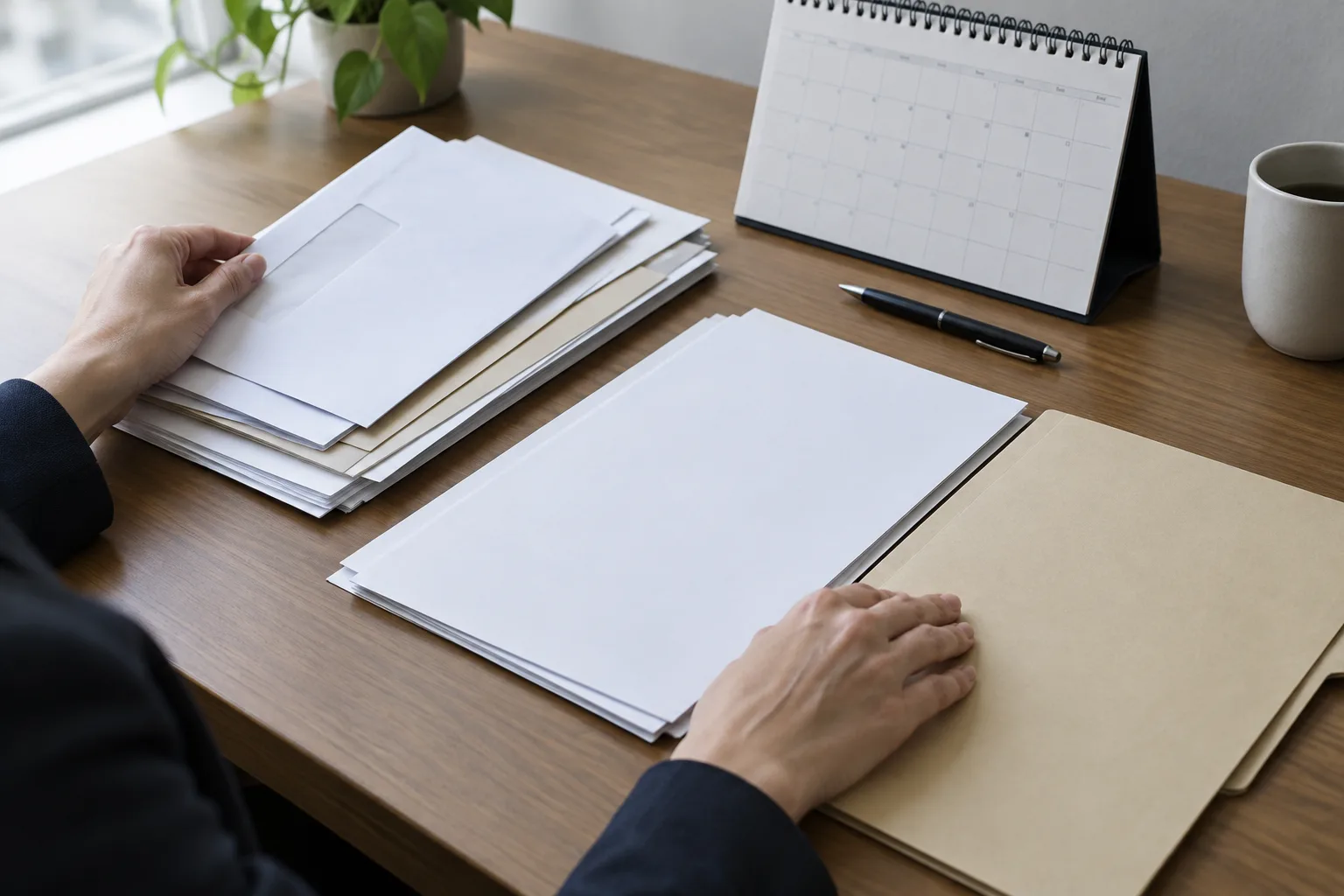 Une personne rassemble des courriers et des documents pour préparer un recours.