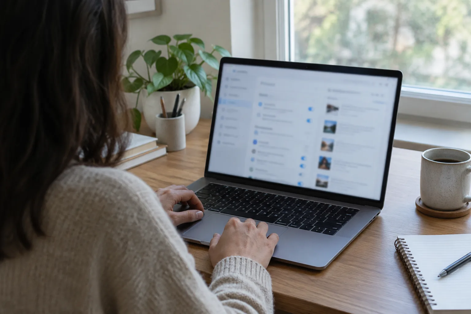 Une personne examine des résultats de recherche sur un ordinateur, sans contenu lisible à l’écran.