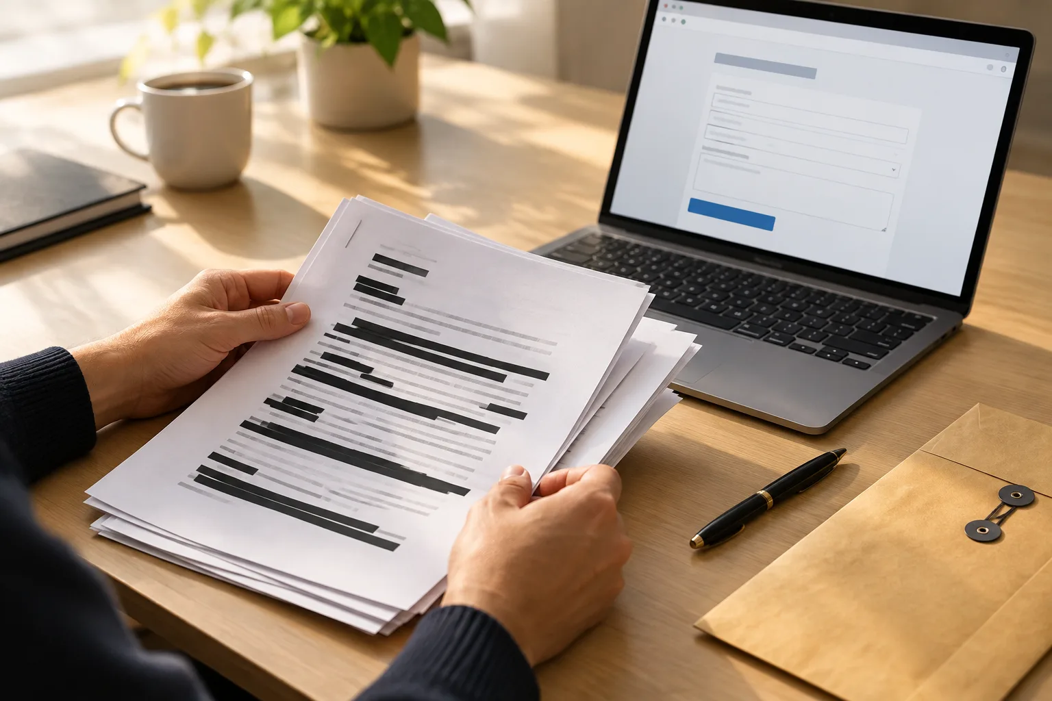 Des mains préparent des documents expurgés à côté d’un ordinateur affichant un formulaire générique.