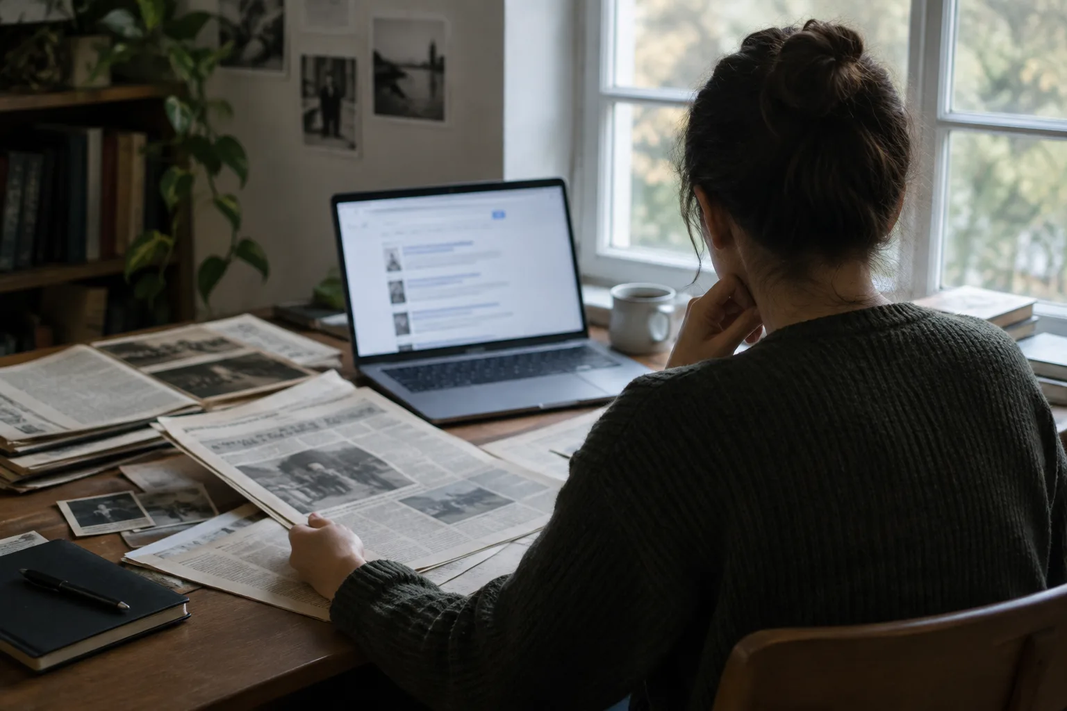 Une personne consulte des archives de presse et des résultats de recherche sur un ordinateur.