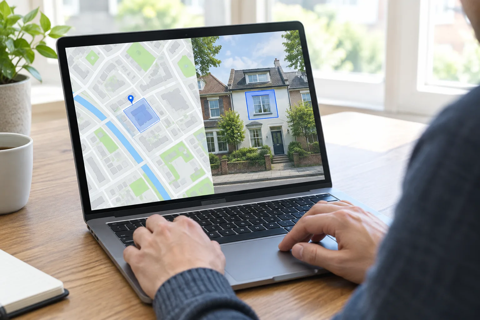 Une personne repère sur un ordinateur la façade à signaler dans une vue cartographique.