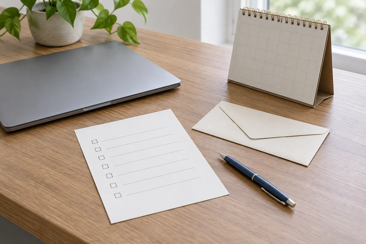 Un bureau avec une liste de suivi, un ordinateur et des documents rangés.
