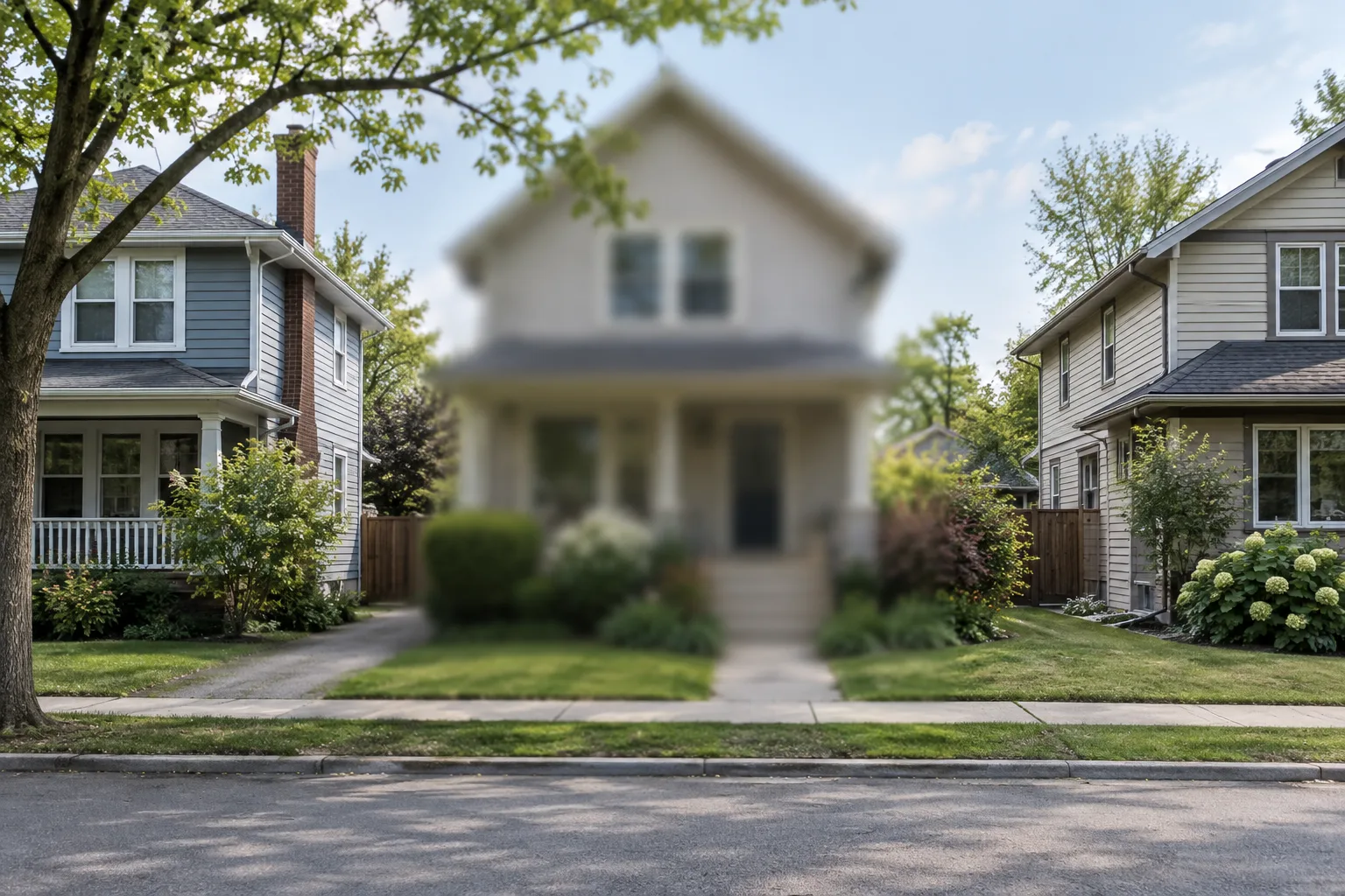 Une maison dans une rue résidentielle, avec sa façade rendue floue.