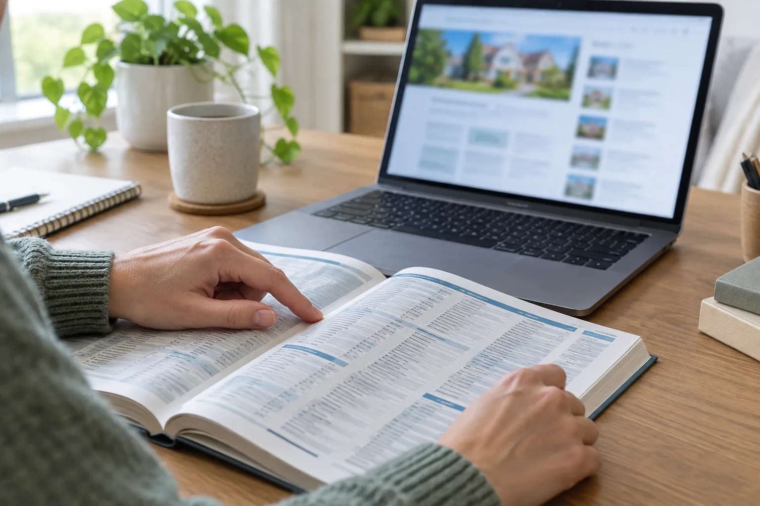 Une personne compare une page d’annuaire imprimée avec un site affiché sur un ordinateur.