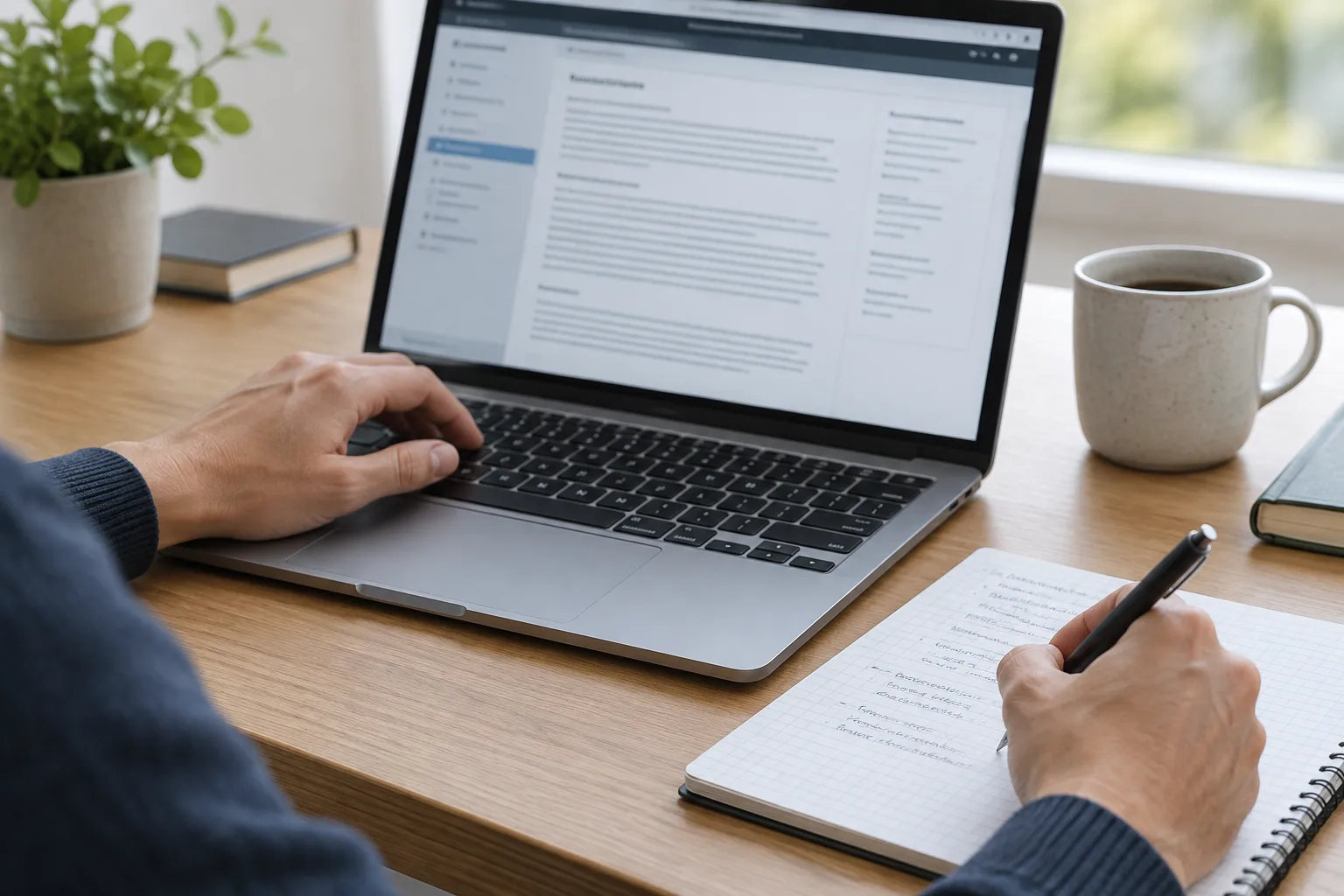 Des mains consultent les informations d’un site sur un ordinateur et prennent des notes.