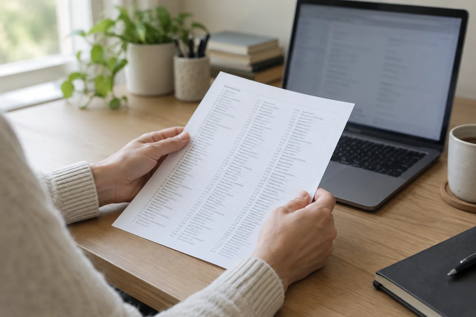 Des mains consultent une page d’annuaire près d’un ordinateur dans un bureau à domicile.