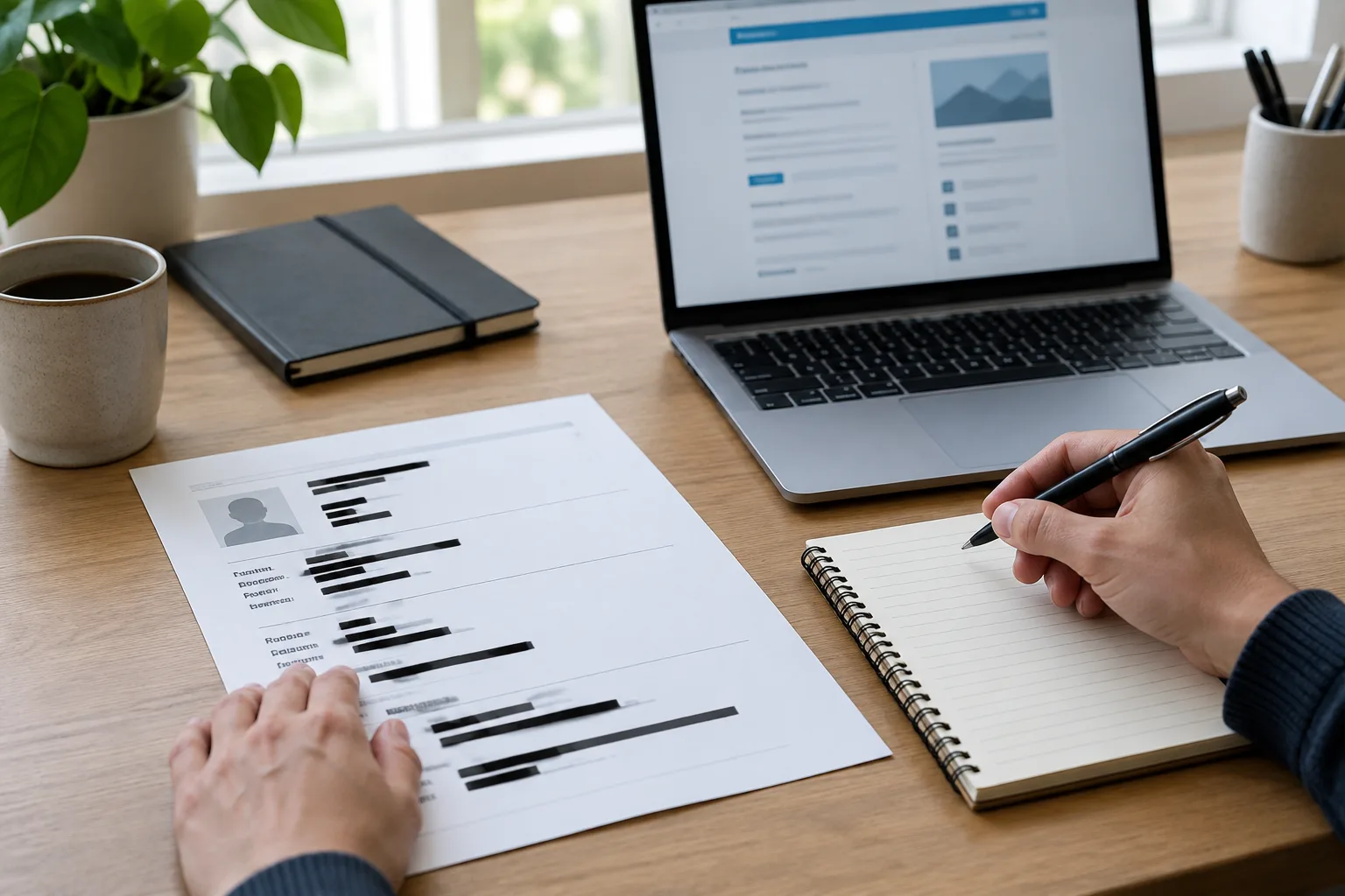 Des mains préparent une demande de retrait devant un ordinateur et des documents dont les détails sont masqués.