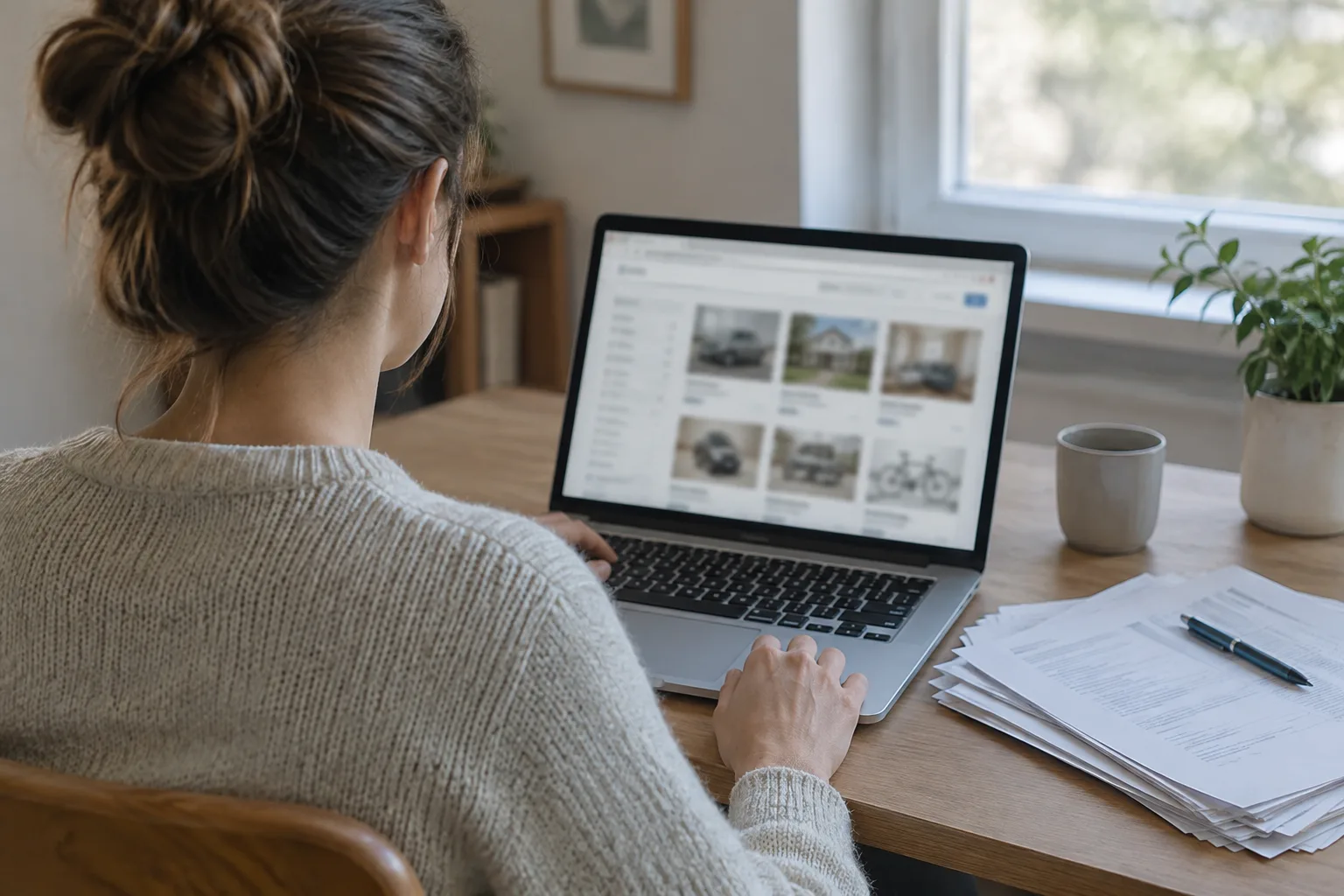 Une personne examine une page de petites annonces sur un ordinateur, à côté de documents.