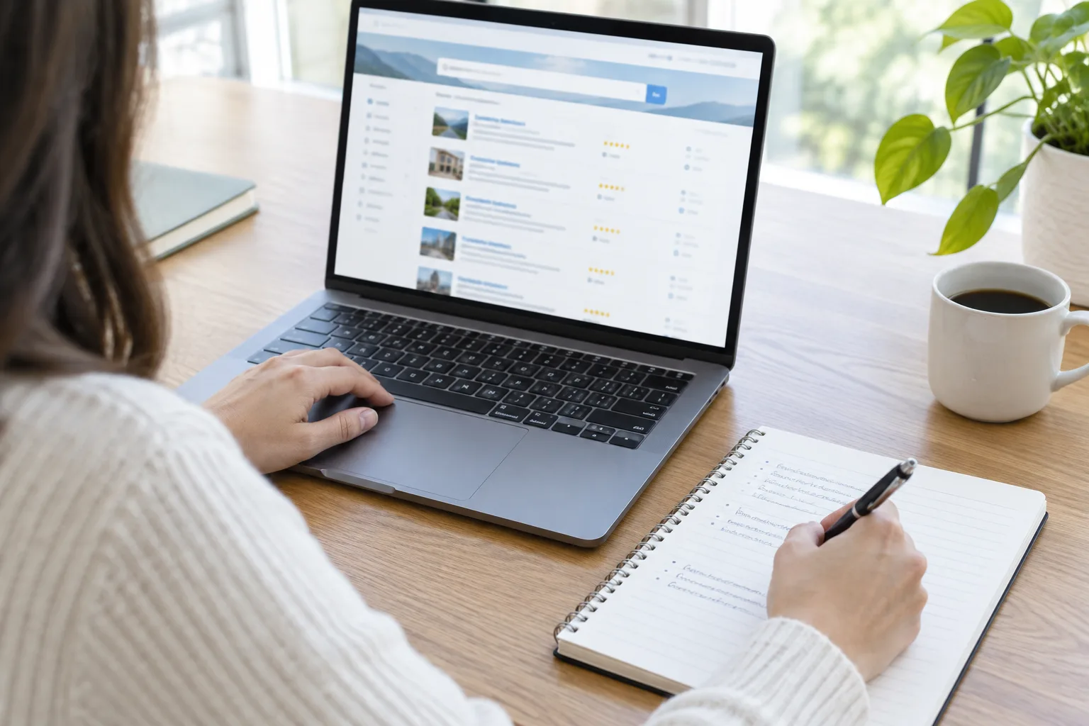 Une personne compare une page d’annuaire en ligne avec des notes manuscrites.