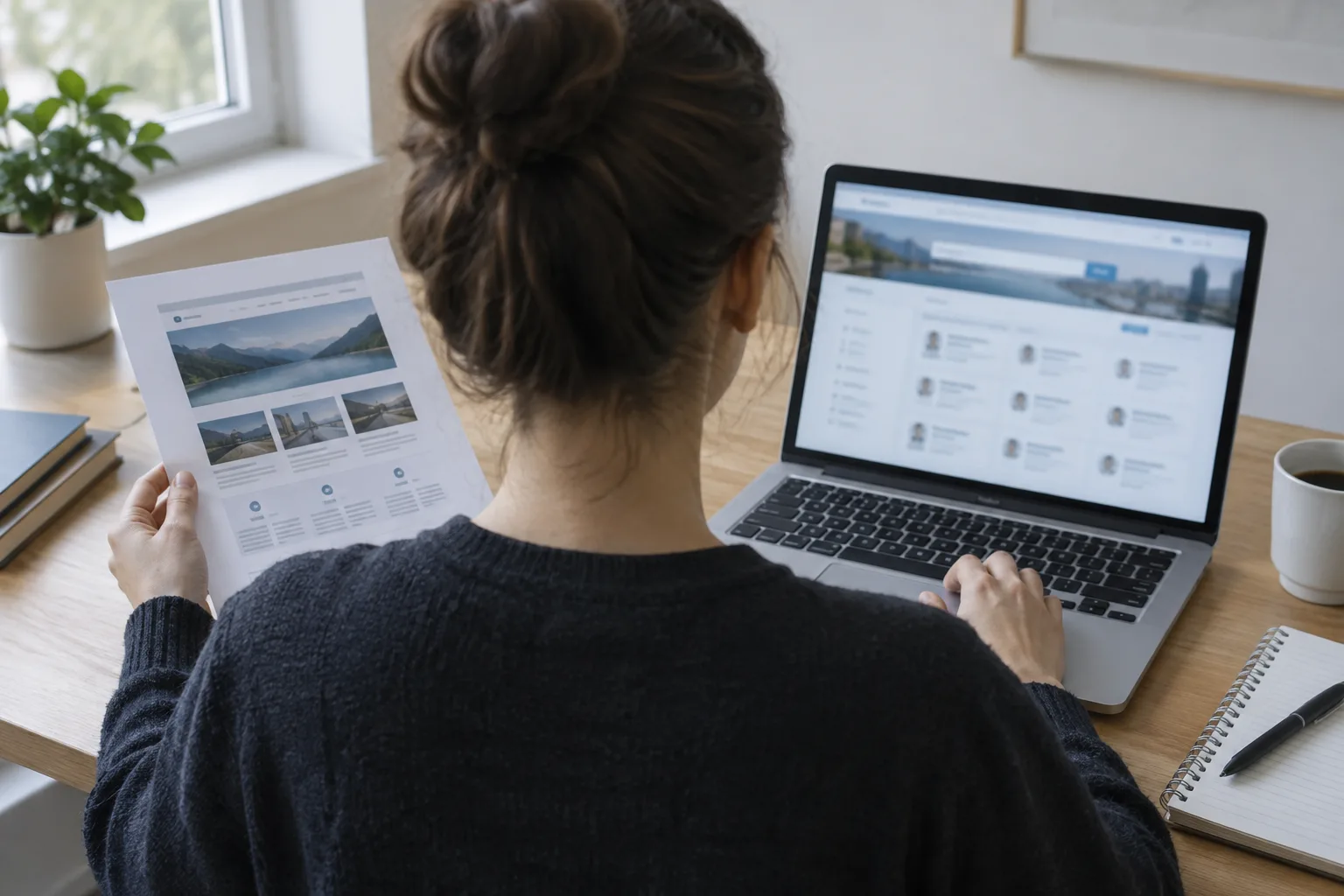 Une personne compare une page imprimée à l’écran d’un ordinateur pour distinguer le site source d’un résultat en ligne.