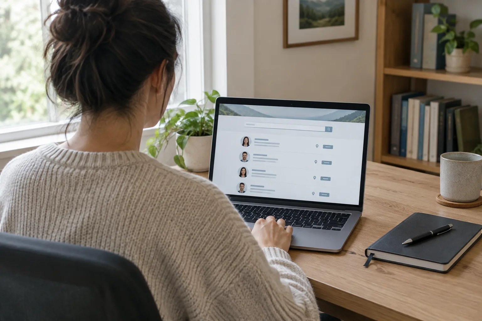 Une personne consulte un annuaire en ligne sur son ordinateur, un carnet posé à côté.
