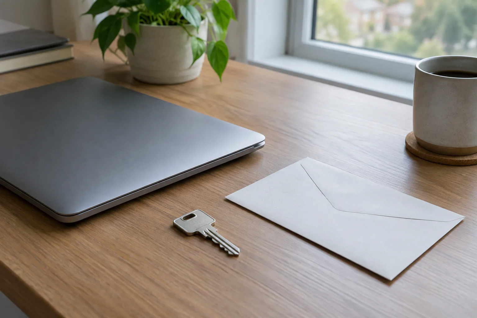 Un ordinateur fermé, une clé et une enveloppe sur un bureau, évoquant la protection d’une adresse personnelle.