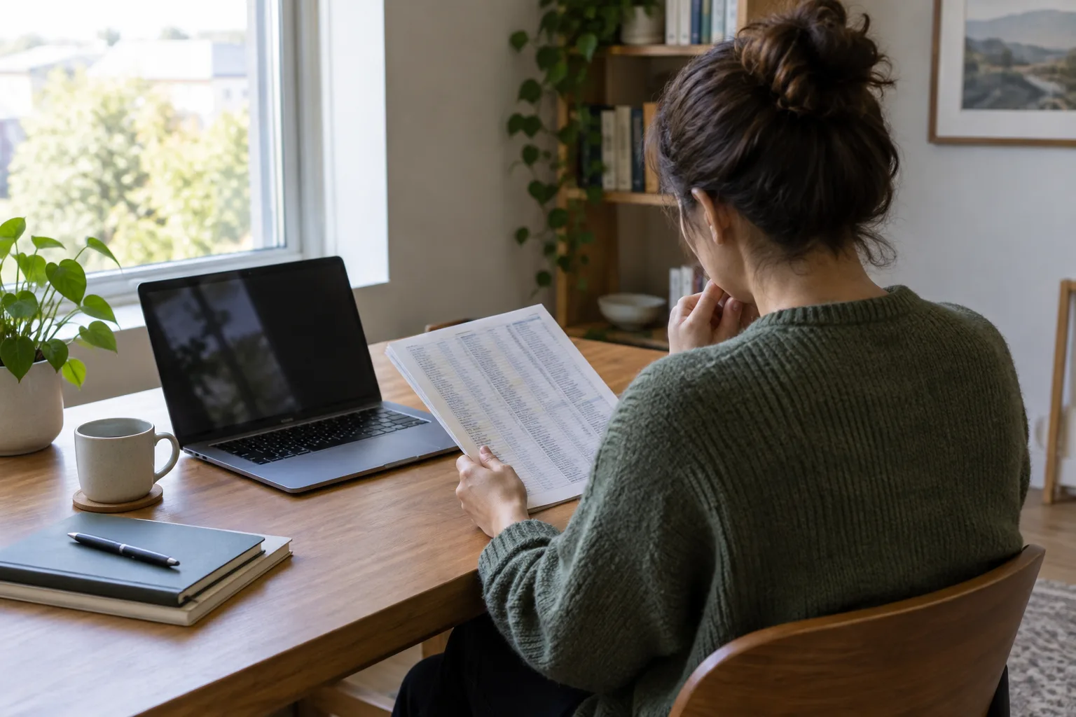 Une personne examine une page d’annuaire imprimée près d’un ordinateur portable.