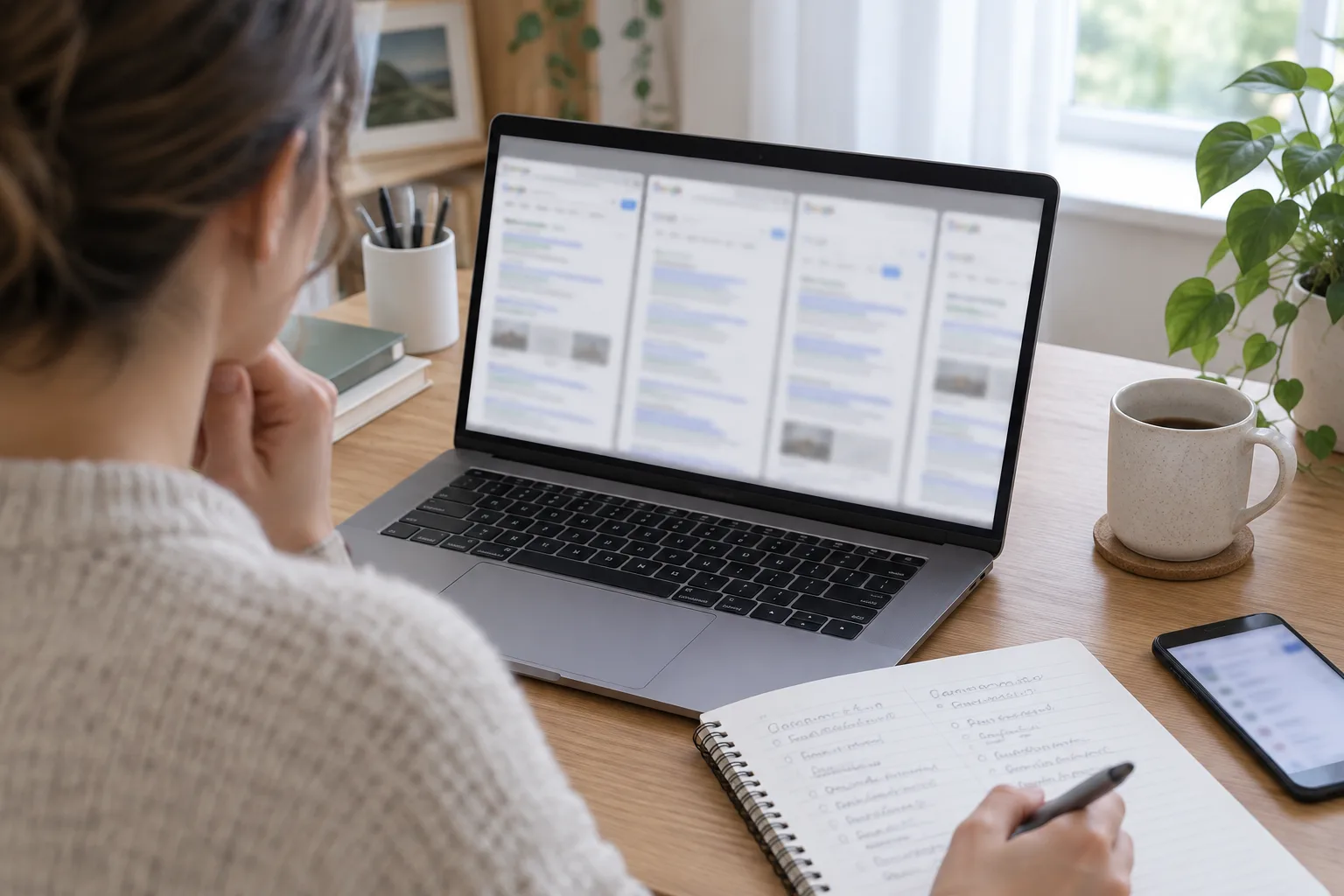 Une personne compare des pages de résultats de recherche et prend des notes sur les sites concernés.