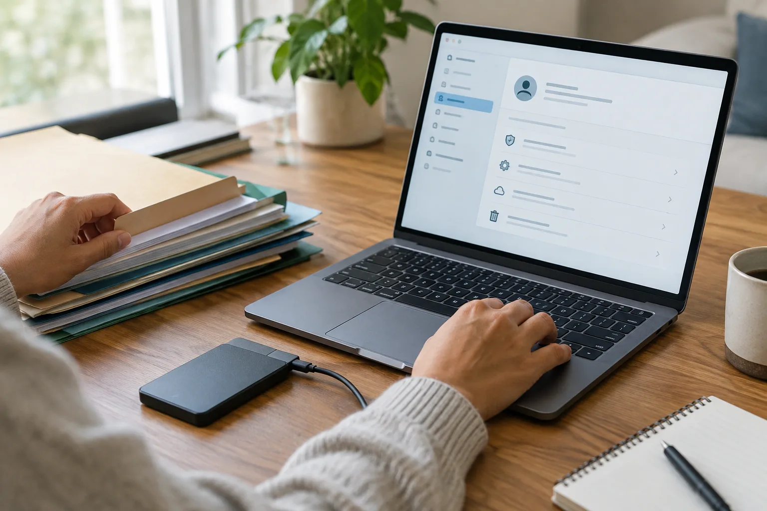 Des mains préparent la sauvegarde de fichiers personnels avant la fermeture d’un compte en ligne.