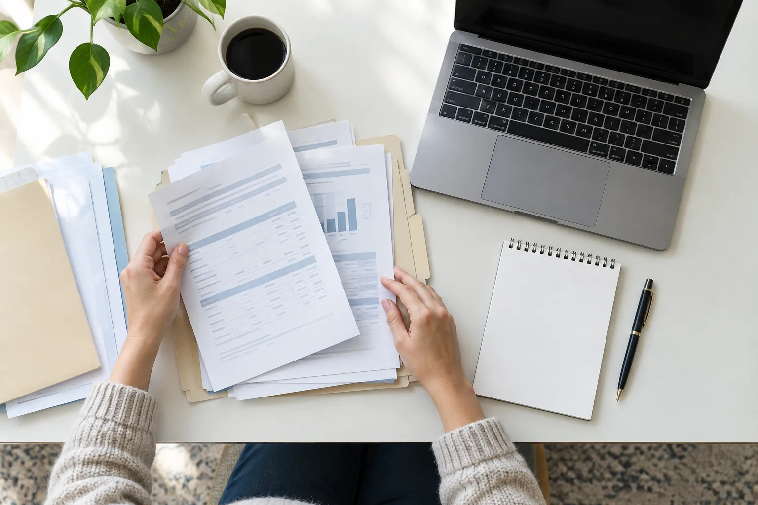 Un ordinateur et des documents vierges sont réunis sur un bureau pour préparer une demande.