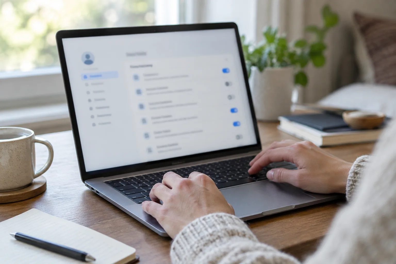 Des mains consultent les paramètres de confidentialité d’un compte en ligne sur un ordinateur.