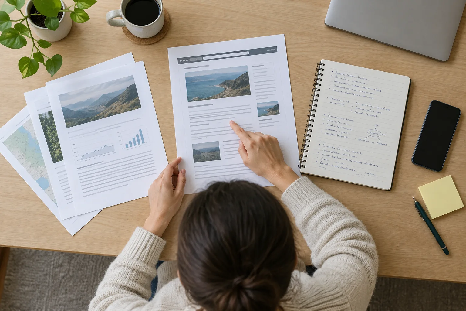 Une personne compare une page imprimée à des justificatifs pour repérer une information erronée.