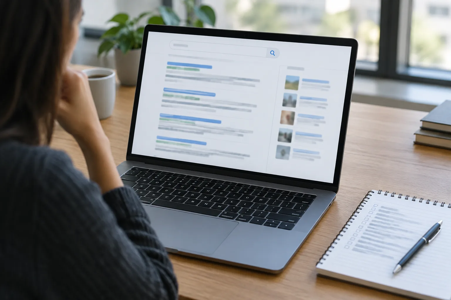 Une personne vérifie sur un ordinateur les résultats d’un moteur de recherche, affichés sans texte lisible.