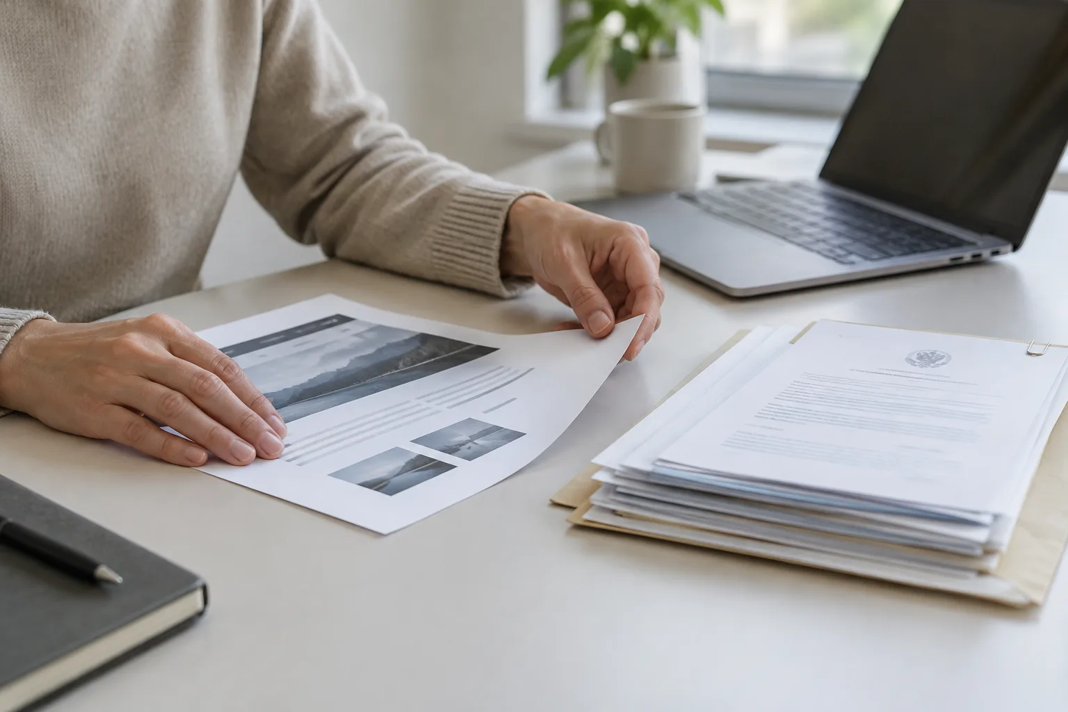 Des mains comparent une page imprimée à des documents justificatifs sur un bureau.