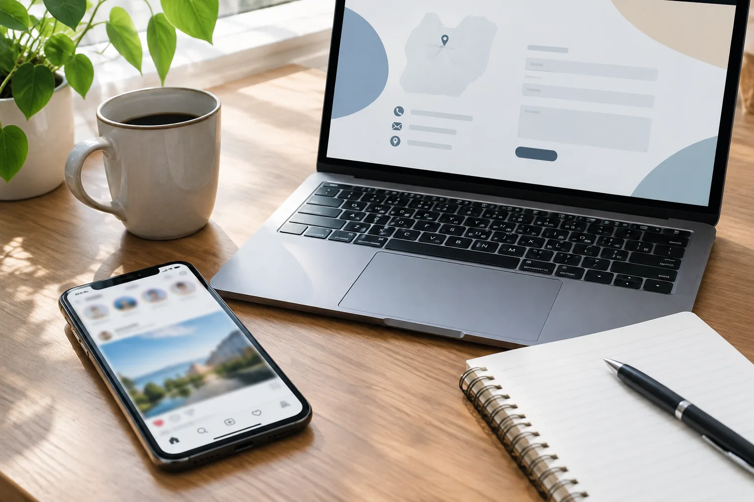 Un téléphone et un ordinateur affichent des interfaces génériques, à côté d’un carnet pour noter les coordonnées d’un site.
