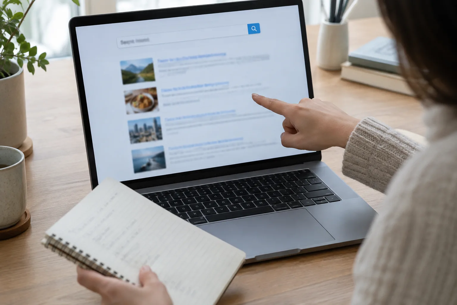 Une personne examine un résultat de recherche générique sur un ordinateur et le compare à ses notes.