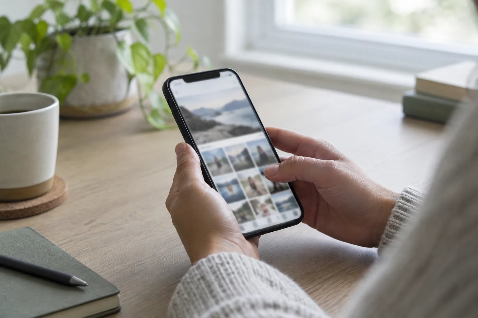 Des mains consultent une publication sur un téléphone posé près d’un ordinateur.