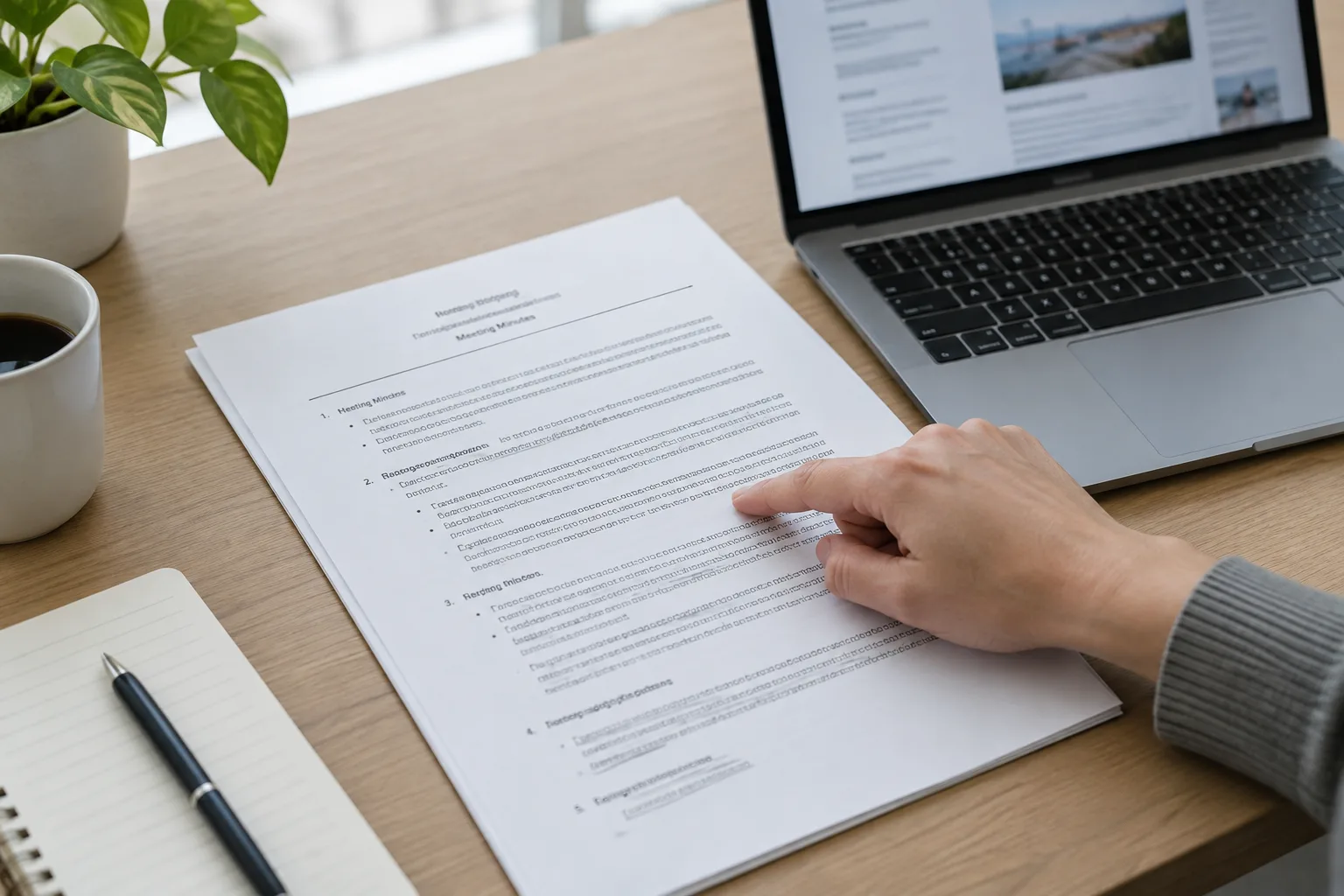 Un document de copropriété posé près d’un ordinateur affichant une page web floutée.