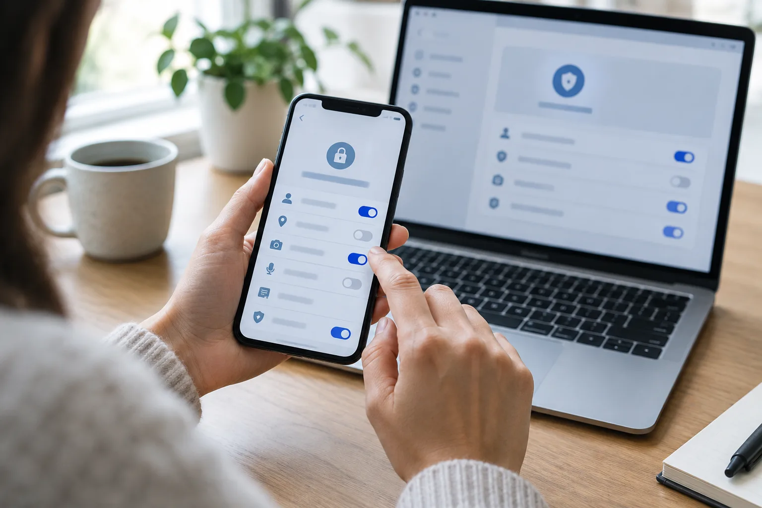 Des mains consultent les réglages de confidentialité d’un profil sur un smartphone.