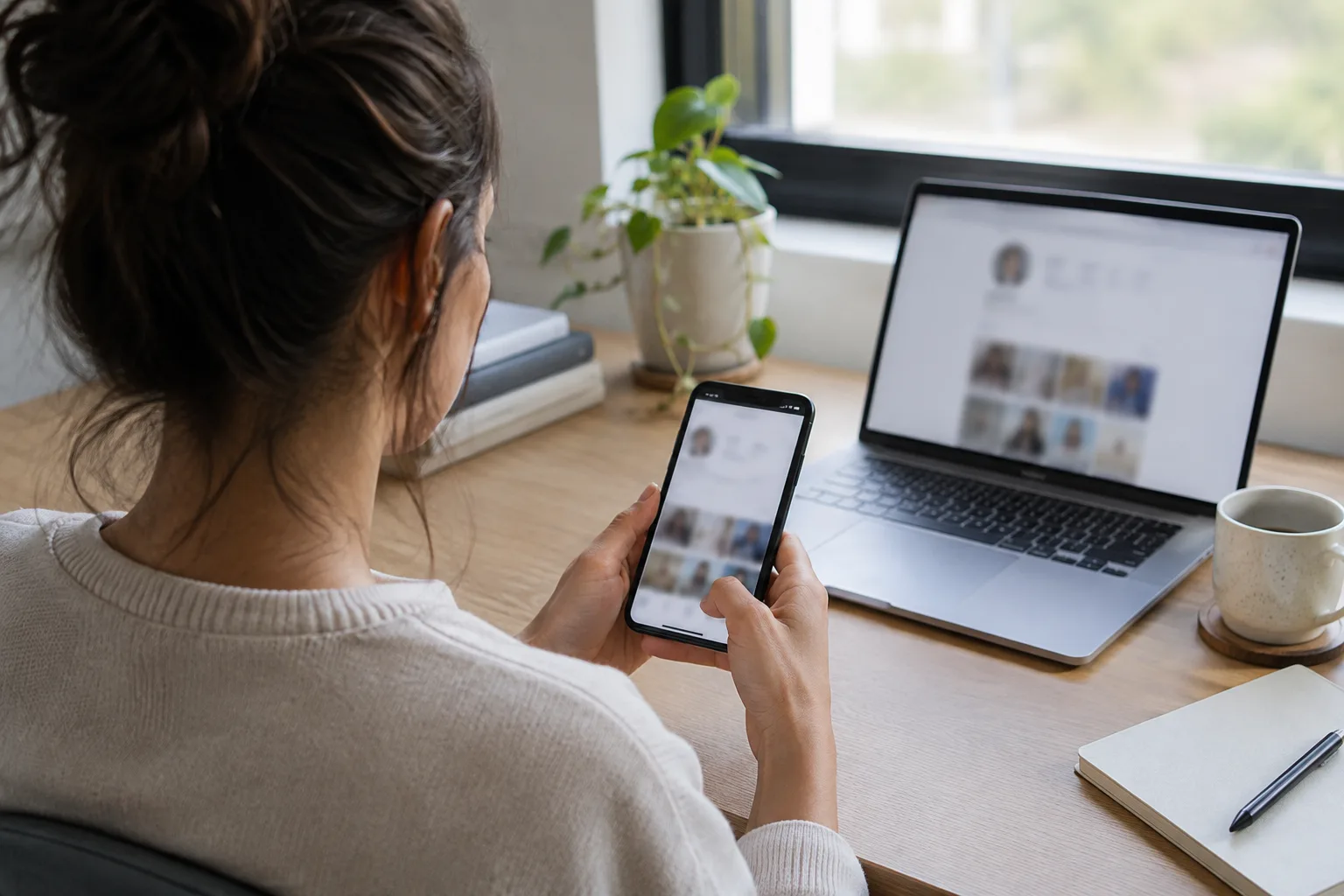 Une personne consulte un profil social sur un ordinateur et un smartphone.