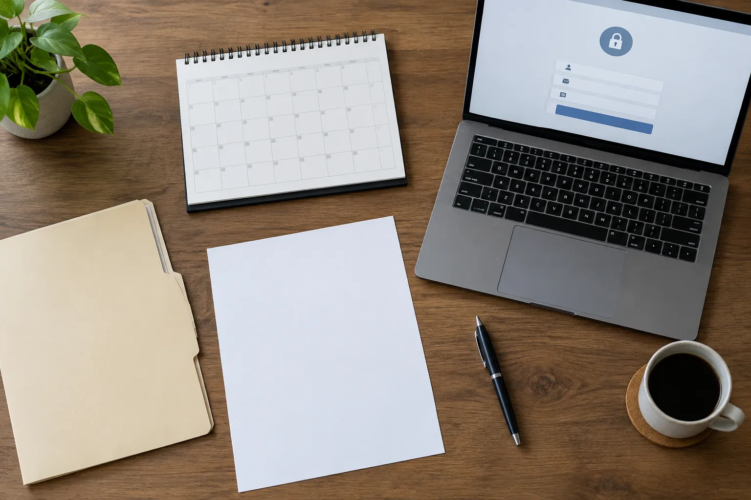 Un dossier de démarches préparé avec une lettre, un calendrier, un classeur et un ordinateur.