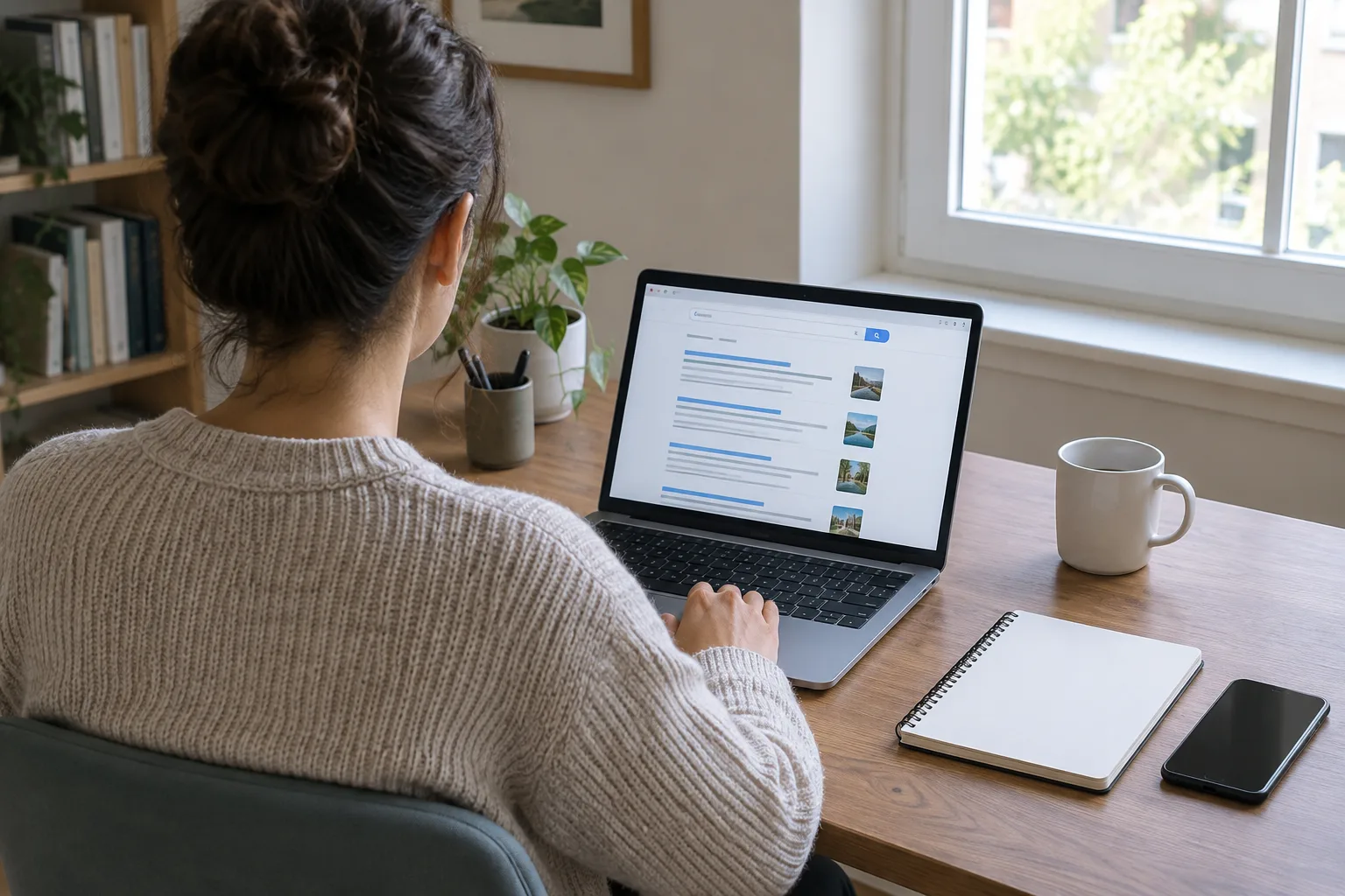 Une personne vérifie des résultats de recherche sur un ordinateur portable, près d’un carnet.
