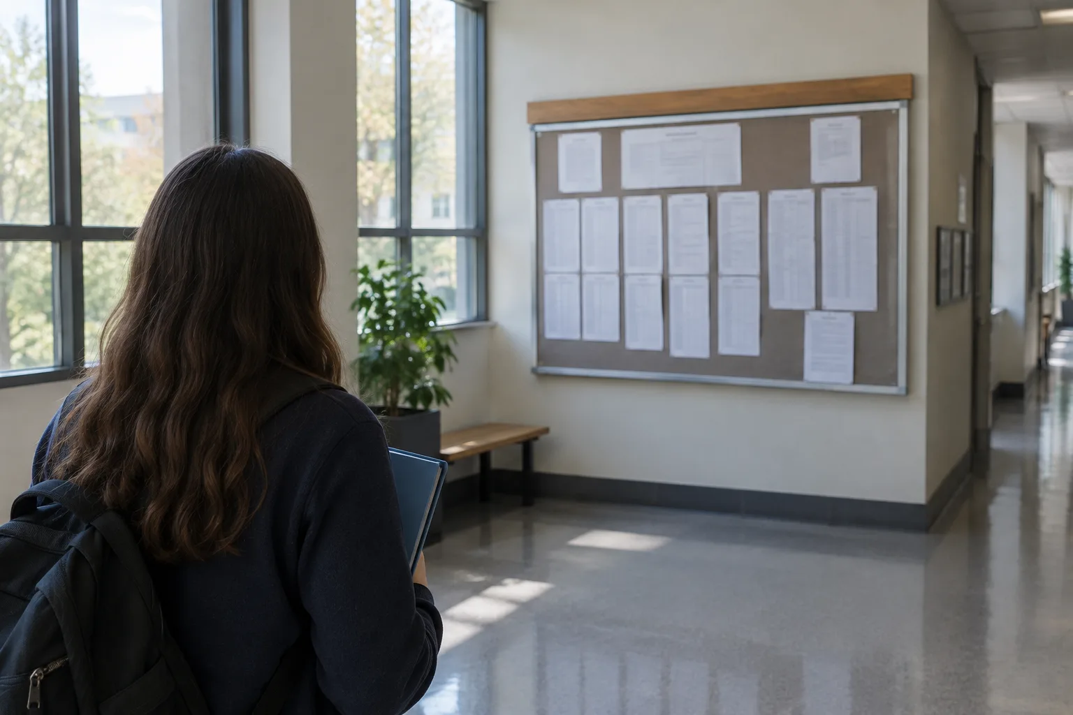 Une personne consulte un panneau de résultats dans un couloir d’établissement, sans visage visible.