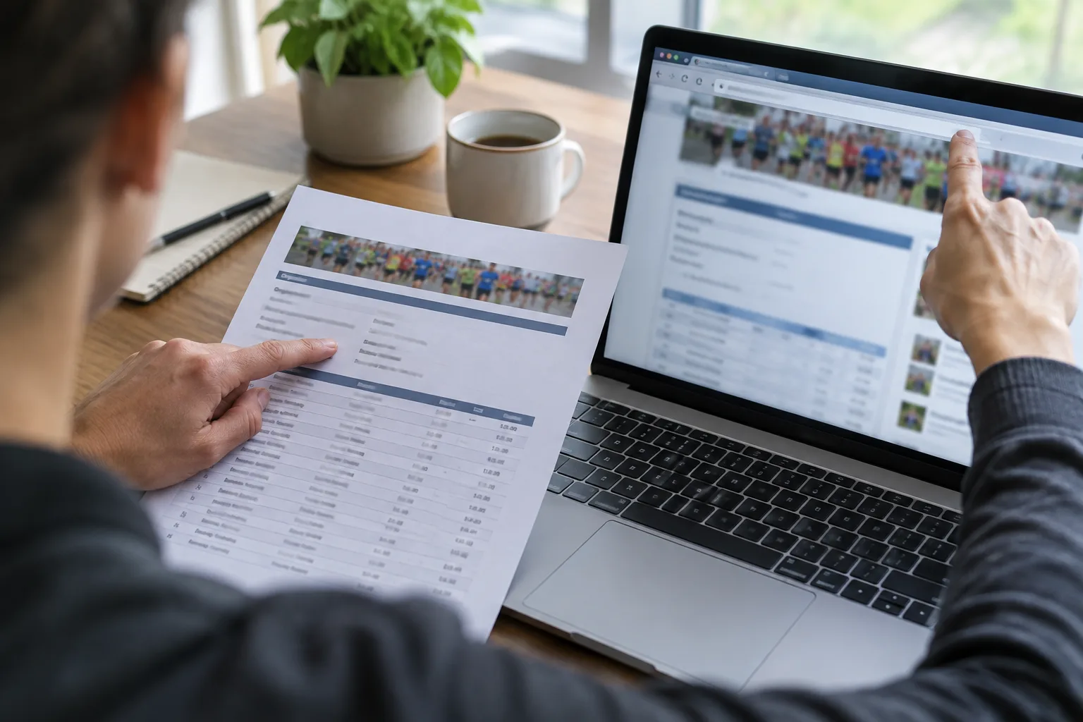 Une personne compare une feuille de résultats à une page web floutée pour repérer l’éditeur.