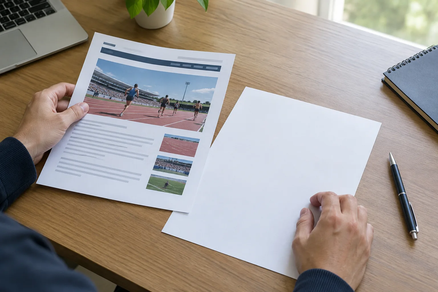 Des mains préparent des documents pour identifier le responsable d’une publication de résultats sportifs.