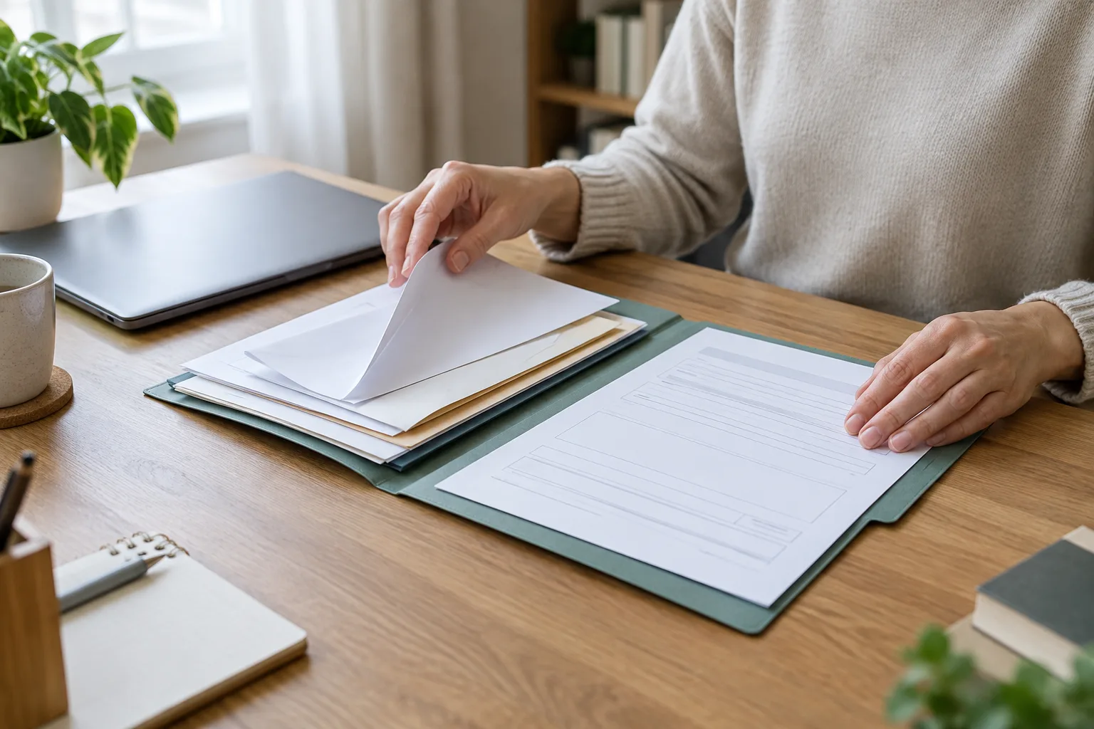 Des documents de correspondance sont classés sur un bureau à côté d’un ordinateur fermé.