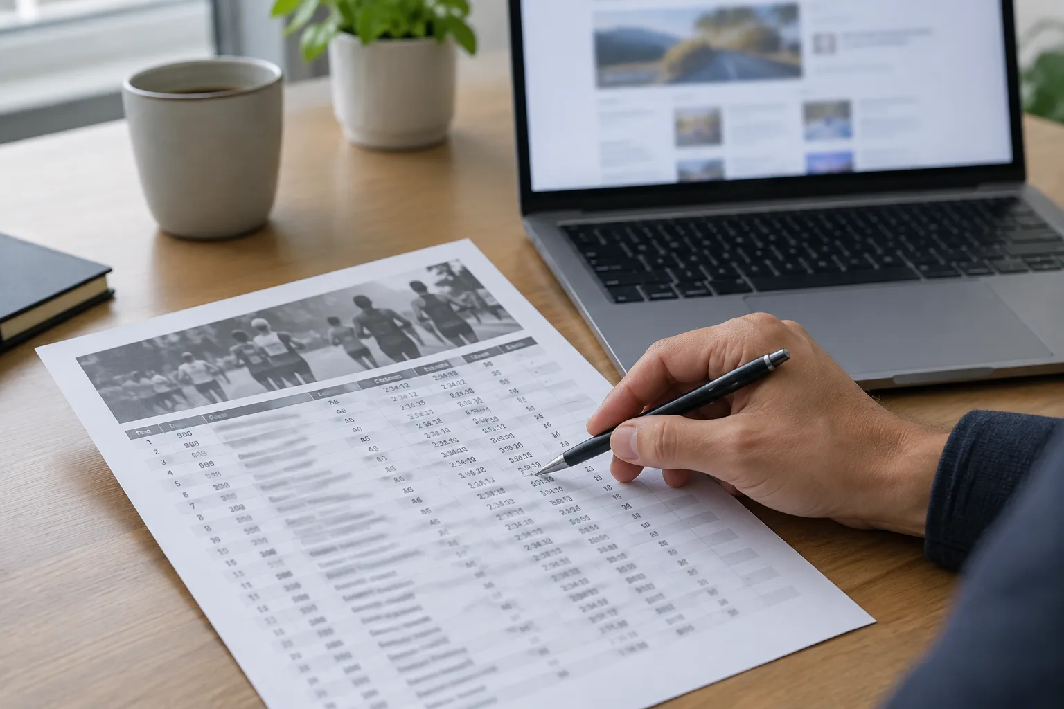 Une feuille de résultats sportifs est examinée à côté d’un ordinateur affichant une page web floutée.