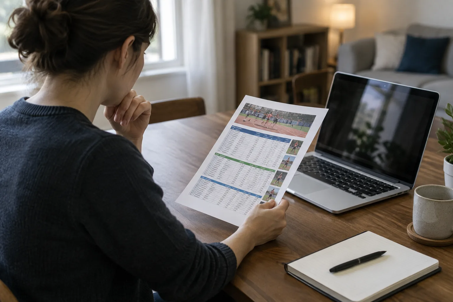 Une personne examine des résultats sportifs imprimés à côté d’un ordinateur portable.