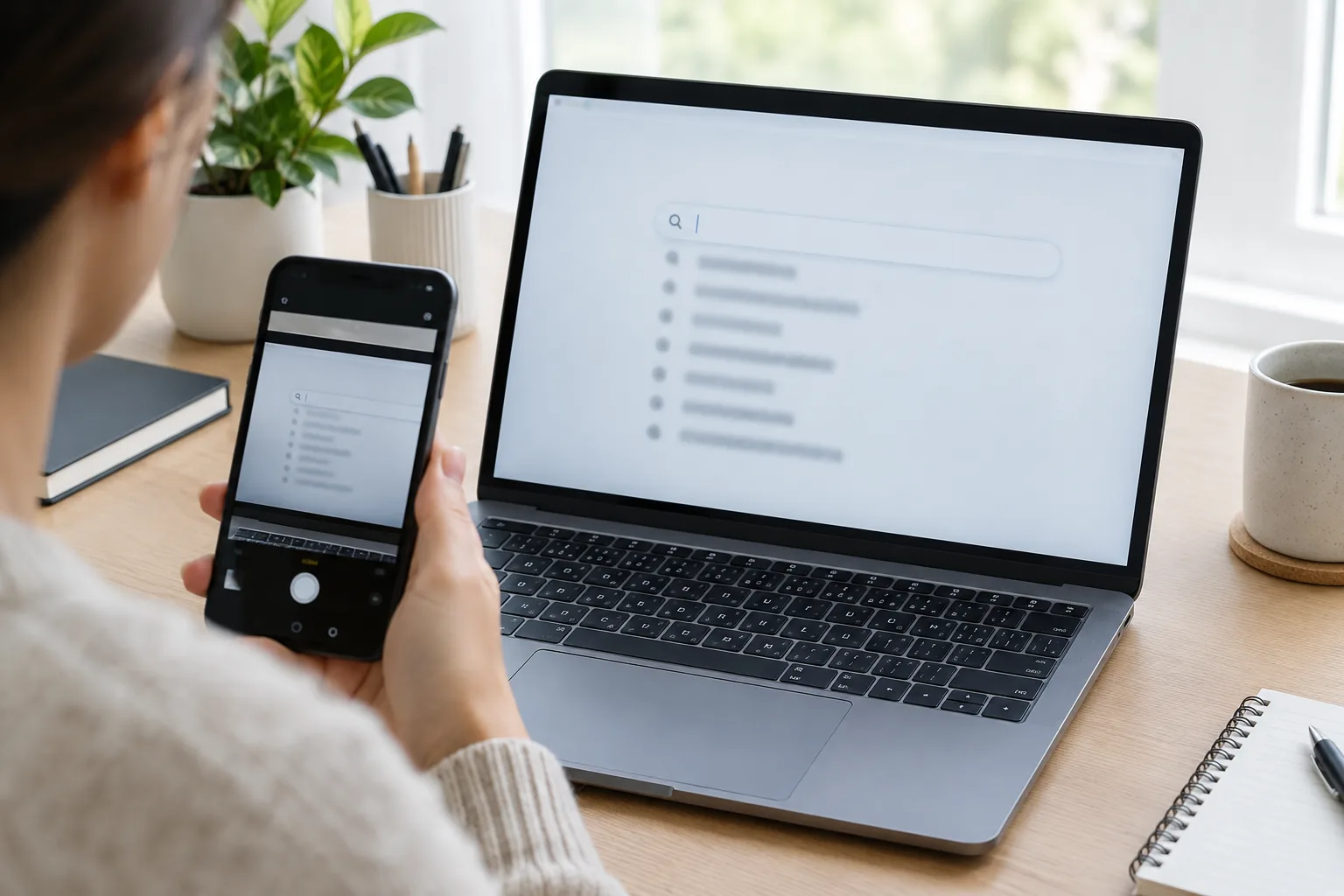 Un écran de recherche et un téléphone utilisés pour conserver une trace d’une suggestion affichée.