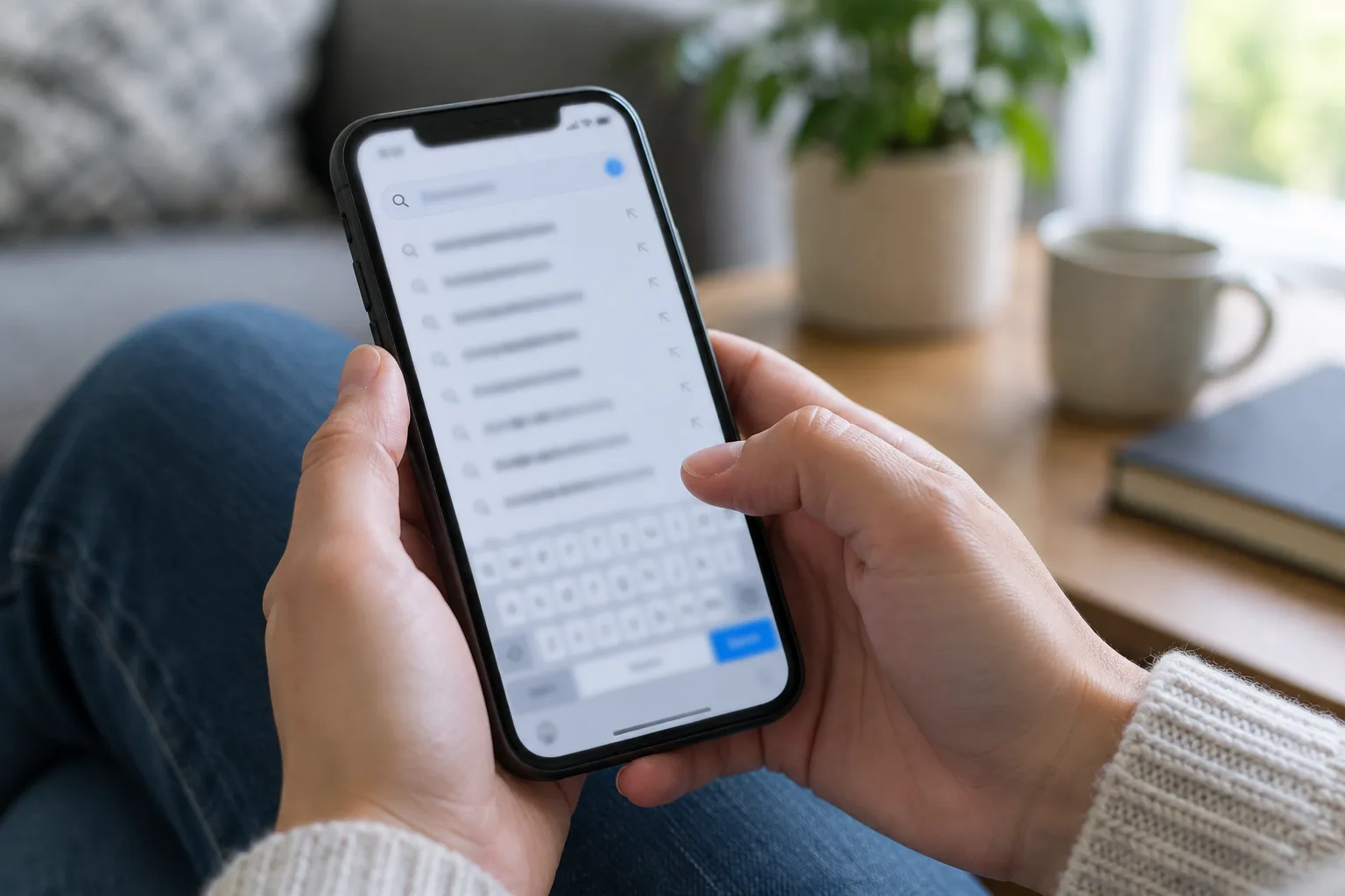 Des mains consultent une suggestion de recherche sur un téléphone dont l’écran est flouté.
