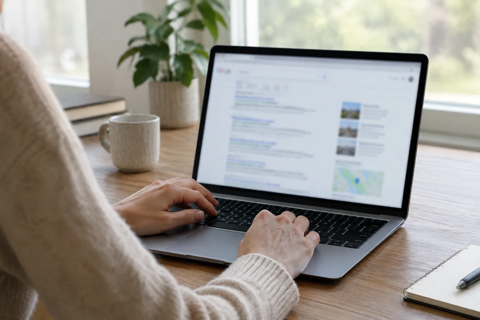 Une personne examine une suggestion de recherche sur un ordinateur portable.
